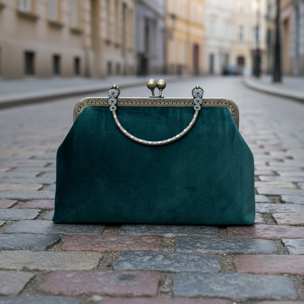 Bottle green velvet handbag with handle