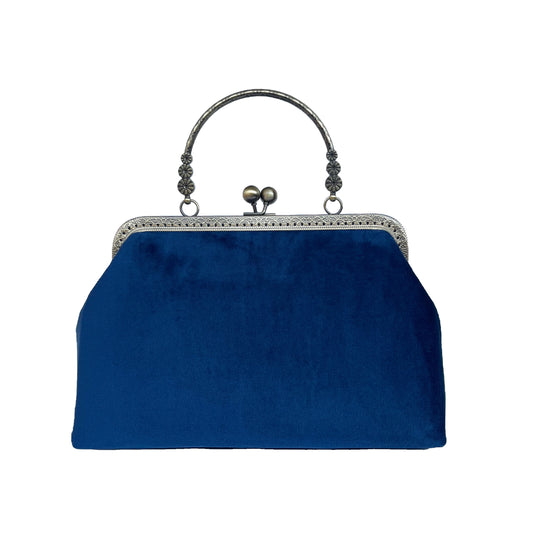 Velvet bag with handle, navy blue