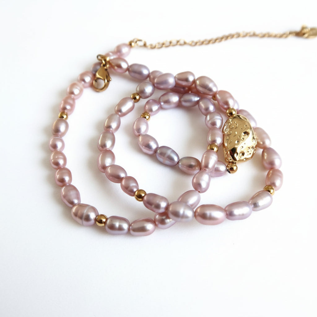 Naszyjnik perłowy fioletowo różowy