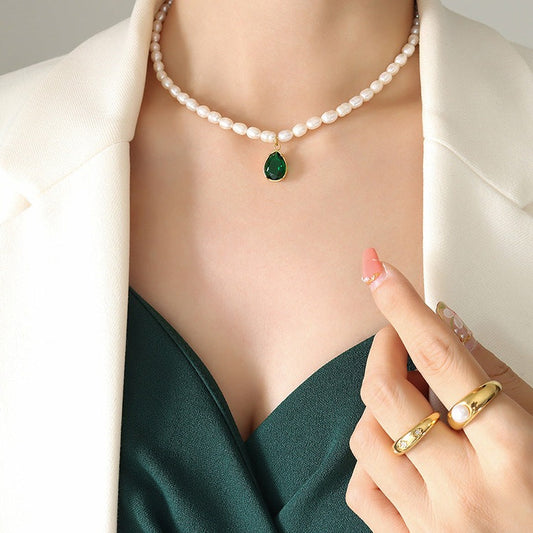 Pearl Necklace Green Cubic Zirconia